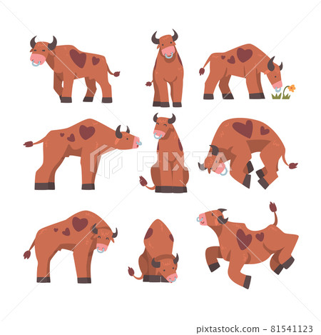 Brown Spotted Bull with Horns and Ring in the Nose Vector Set Brown Spotted Bull with Horns and Ring in the Nose Vector Set 81541123