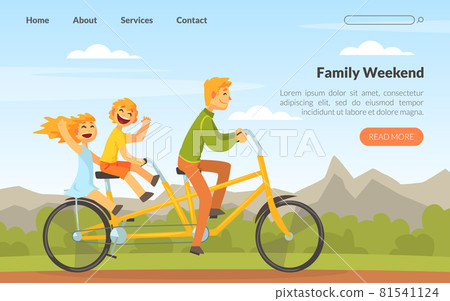 Happy Man with Little Kid Riding Bicycle Enjoying Vacation or Weekend Activity Vector Web Page Template 81541124