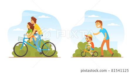 Happy Man with Little Kid Riding Bicycle Enjoying Vacation or Weekend Activity Vector Set Happy Man with Little Kid Riding Bicycle Enjoying Vacation or Weekend Activity Vector Set 81541125