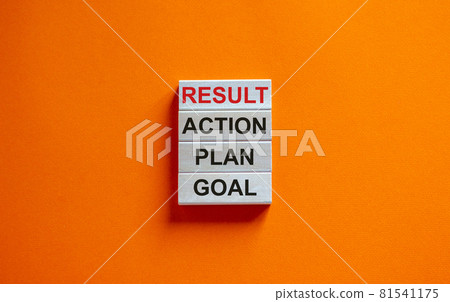 Wooden blocks form the words 'goal, plan, action, result' on beautiful orange background. Business concept. Copy space. 81541175