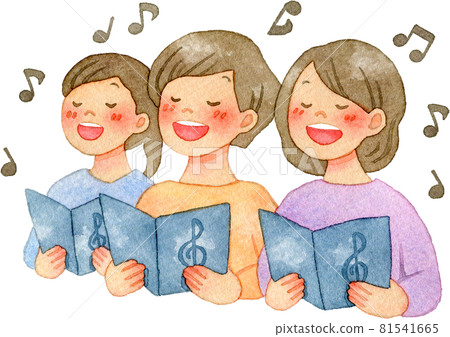 水彩插圖微笑的婦女拿著樂譜唱合唱 水彩插圖微笑的婦女拿著樂譜唱合唱 81541665