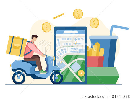 Fast food and grocery delivery service. Contactless delivery from your restaurant and cafe. Tracking the courier during the delivery process. Vector illustration Fast food and grocery delivery service. Contactless delivery from your restaurant and cafe. Tracking the courier during the delivery process. Vector illustration 81541838
