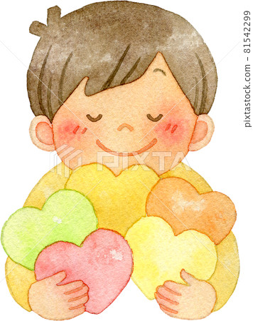 Watercolor illustration of a boy hugging five hearts 81542299