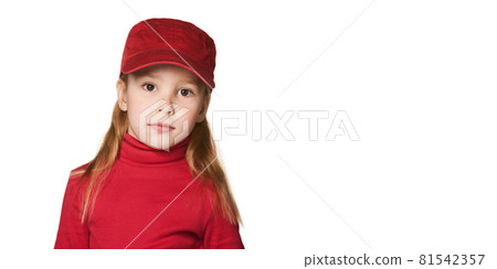Girl wearing a red baseball cap isolated on white background 81542357