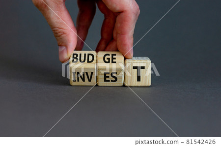 Invest or budget symbol. Businessman turne wooden cubes and changes the word 'invest' to 'budget'. Beautiful grey background, copy space. Business, invest or budget concept. 81542426