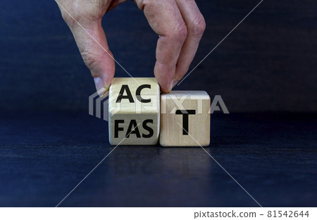 Time to act fast symbol. Businessman turns a wooden cube with words 'act fast'. Beautiful grey background, copy space. Business and act fast concept. 81542644