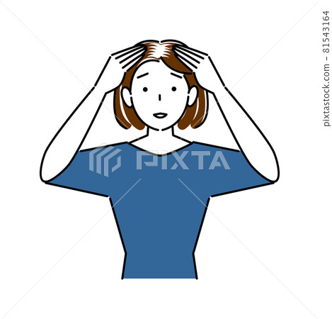 Hair care A cute woman with a troubled face as thinning hair on the top of her head and gray hair at the hairline become noticeable Illustration Simple Vector 81543164