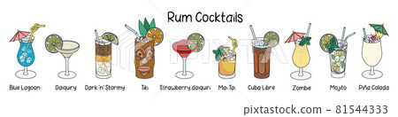 Collection set of classic rum based cocktails Cuba Libre, Mojito, Tiki, Pina Colada, Maitai, Zombie, Blue Lagoon, Dark and Stormy, etc. Cartoon doodle style vector illustration 81544333
