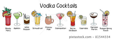 Collection set of classic vodka based cocktails Bloody Mary, Moscow Mule, Screwdriver, Sex on the Beach, Espresso Martini, White Russian, Appletini and oth. Cartoon doodle style vector illustration 81544334