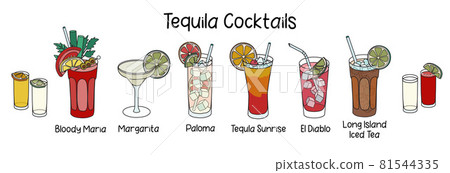 Collection set of classic tequila based cocktails Sunrise, Bloody Maria, El Diablo, Paloma, Margarita and two shots of golden silver tequila with sangrita. Cartoon doodle style vector illustration 81544335