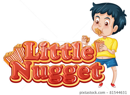 Little Nugget logo text design with a boy eating chicken nuggets Little Nugget logo text design with a boy eating chicken nuggets 81544631