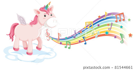 Cute unicorn standing on the cloud with melody symbols on rainbow Cute unicorn standing on the cloud with melody symbols on rainbow 81544661