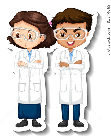Cartoon character sticker with couple scientists in science gown 81544665