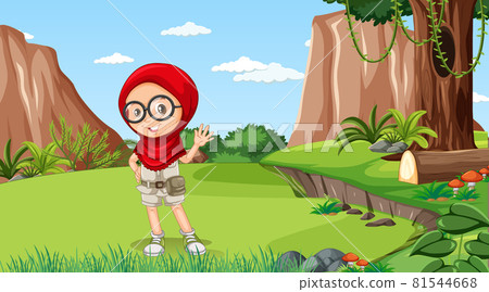 Nature scene with a muslim girl cartoon character exploring in the forest Nature scene with a muslim girl cartoon character exploring in the forest 81544668