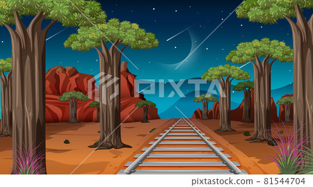 Railway through the desert landscape scene at night 81544704