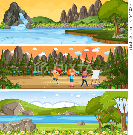 Different panoramic nature landscape set with cartoon character 81544829