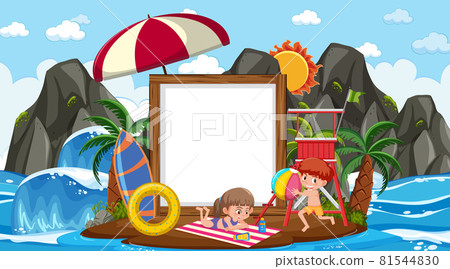 Empty banner template with kids on vacation at the beach daytime scene 81544830
