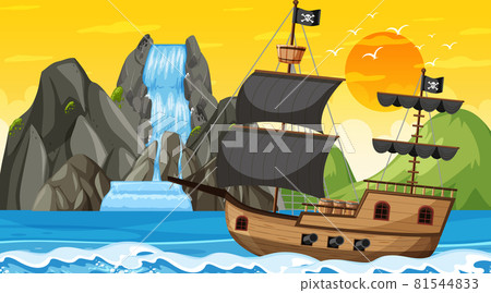 Ocean with Pirate ship at sunset time scene in cartoon style 81544833