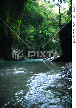 Beautiful canyon with flowing deep clear green river and green plants in Georgia. Martvili canyon. Okatse canyon Beautiful canyon with flowing deep clear green river and green plants in Georgia. Martvili canyon. Okatse canyon 81545274