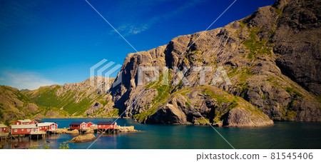 Sea landscape of Nusfjord village and harbour at flakstadoya Island , Lofoten , Norway Sea landscape of Nusfjord village and harbour at flakstadoya Island , Lofoten , Norway 81545406