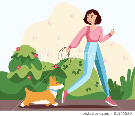 Concept illustration of girl walking with corgi in the park, illustration in a flat style isolated on abstract yellow background. Vector illustration Concept illustration of girl walking with corgi in the park, illustration in a flat style isolated on abstract yellow background. Vector illustration 81545520