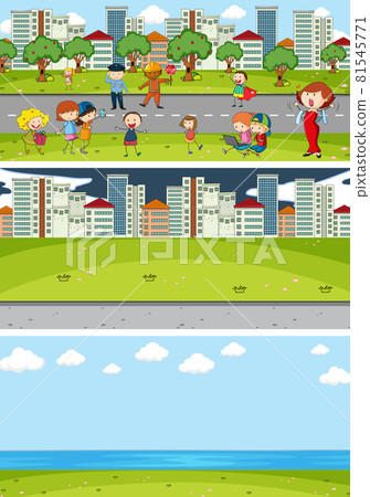 Set of different horizontal scenes background with doodle kids cartoon character 81545771