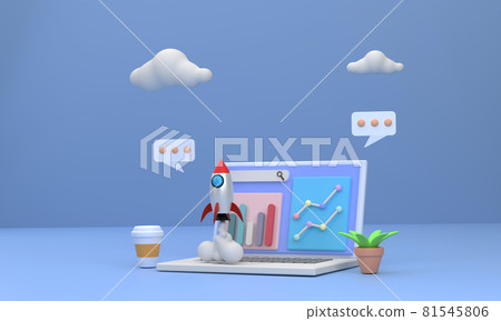 notebook computer showing a business graph A rocket soared up on sky. Concept of start-up, new generation, new business 81545806