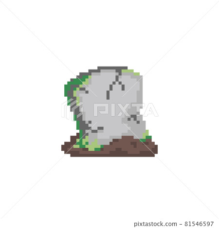 Pixel art cracked grave. Pixel mossy abandoned gravestone. Halloween decorative pixel art tomb. Vector grave illustration. 8 bit tomb or grave retro game icon.  81546597