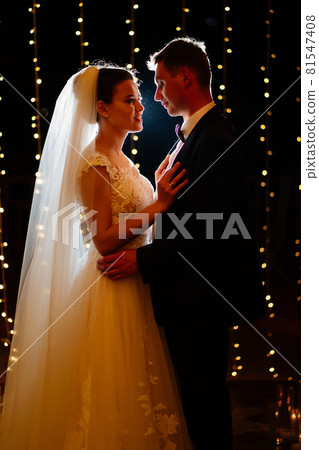 bride and groom at evening wedding ceremony in park among light bulbs 81547408