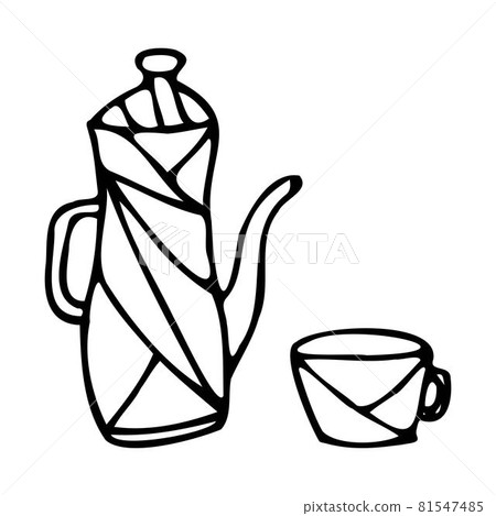 A set of teapot and cups with an ornament. 81547485