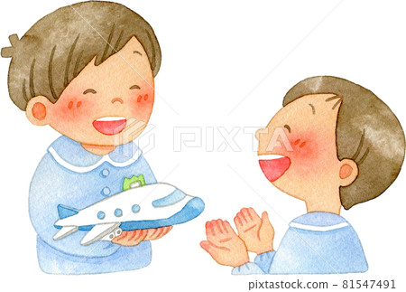 一個男孩借給他的朋友一架玩具飛機的水彩插圖 81547491