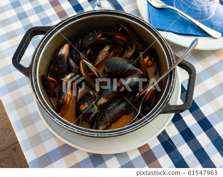 Moules a la marinera braised in sauce in fry pan Moules a la marinera braised in sauce in fry pan 81547963