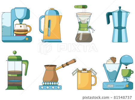 Set of different brewing methods of coffee jugs mugs and kettles electrical coffee machine. Vector illustration 81548737