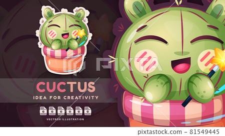 Cartoon character catus with magic wand - cute sticker. 81549445