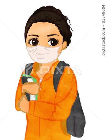 亞洲版一個戴著面具、背著筆記本和背包的女學生 81549604