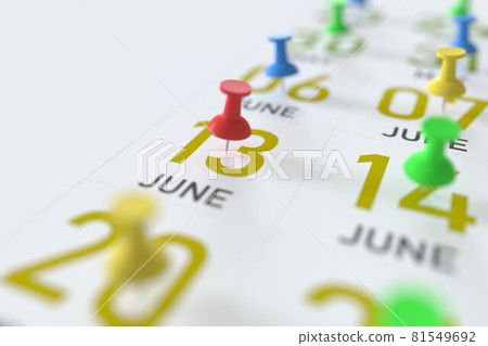 June 13 date and push pin on a calendar, 3D rendering June 13 date and push pin on a calendar, 3D rendering 81549692