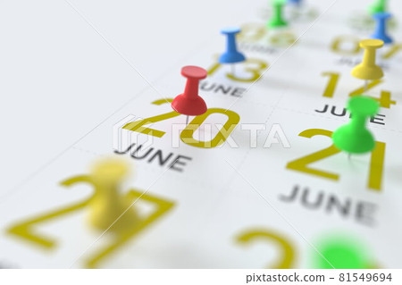 June 20 date and push pin on a calendar, 3D rendering June 20 date and push pin on a calendar, 3D rendering 81549694