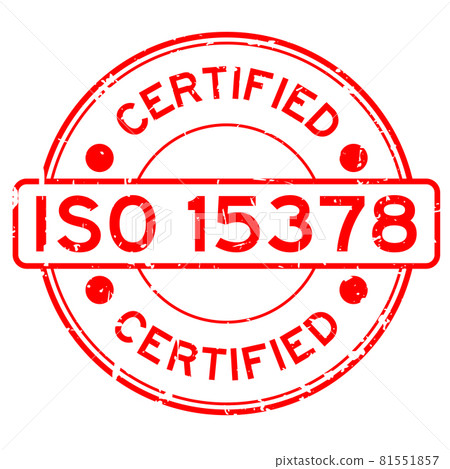 Grunge red ISO 15378 certified word round rubber seal stamp on white background 81551857