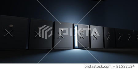 Black bank safes with closed steel doors and one open with white light inside, perspective view. Metal rectangular boxes for money storage in blue room set in row. Vault with lock and handle 3d render 81552154