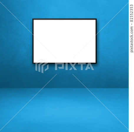 Black picture frame hanging on a blue wall Black picture frame hanging on a blue wall 81552353