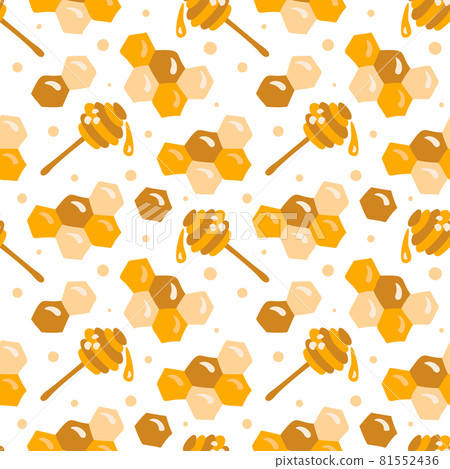 Vector scandinavian kid seamless honey pattern. Outline honeycomb, honey dipper symbol, hexagon in flat vector style. Baby simple yellow background Vector scandinavian kid seamless honey pattern. Outline honeycomb, honey dipper symbol, hexagon in flat vector style. Baby simple yellow background 81552436