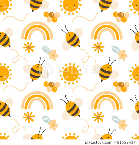 Cute child seamless hand drawn pattern with flying kid bees and rainbow and flowers. Vector scandinavian baby summer illustration Cute child seamless hand drawn pattern with flying kid bees and rainbow and flowers. Vector scandinavian baby summer illustration 81552437