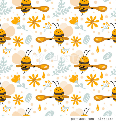 Seamless scandinavian kid pattern of cute bee with honey spoon, flower and hexagon in flat vector baby style. illustation for banner background Seamless scandinavian kid pattern of cute bee with honey spoon, flower and hexagon in flat vector baby style. illustation for banner background 81552438
