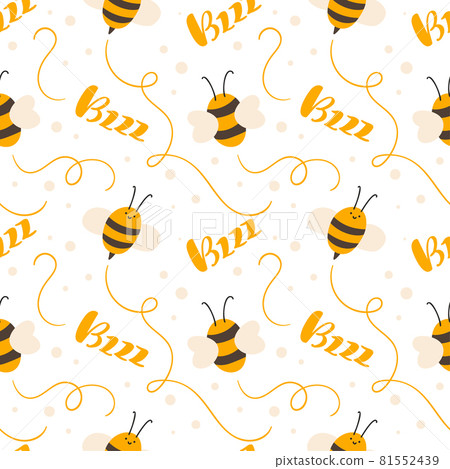 Cute child seamless hand drawn pattern with flying kid bee and calligraphy text Bzzz. Vector scandinavian baby summer illustration Cute child seamless hand drawn pattern with flying kid bee and calligraphy text Bzzz. Vector scandinavian baby summer illustration 81552439
