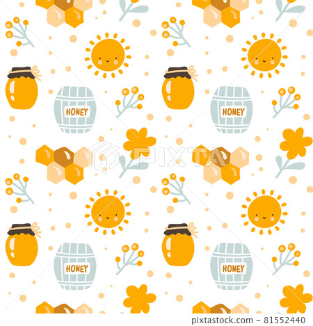 Scandinavian kids seamless pattern of cute bee with honey jar, sun, baby flower and hexagon in flat vector style. illustation for background, banner Scandinavian kids seamless pattern of cute bee with honey jar, sun, baby flower and hexagon in flat vector style. illustation for background, banner 81552440