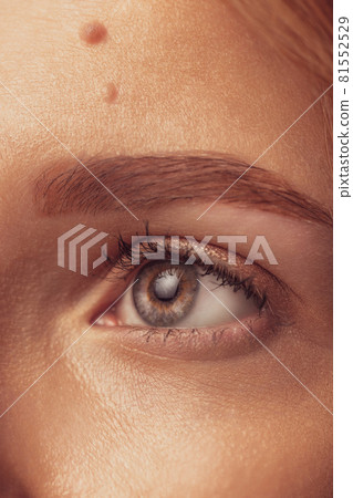 Close-up eye of young beautiful red-headed woman. Eyebrow and eyelashes. Cosmetics prcedures. Natural beauty, wellness, healthy lifestyle, cosmetics concept. Close-up eye of young beautiful red-headed woman. Eyebrow and eyelashes. Cosmetics prcedures. Natural beauty, wellness, healthy lifestyle, cosmetics concept. 81552529