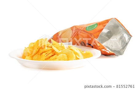 Potato chips, delicious BBQ seasoning spicy for crips, thin slice deep fried snack fast food with open bag. Potato chips, delicious BBQ seasoning spicy for crips, thin slice deep fried snack fast food with open bag. 81552761