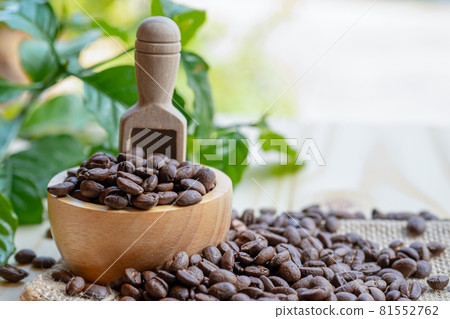 Coffee bean medium roasted in wooden bowl with leaf in fresh morning. Coffee bean medium roasted in wooden bowl with leaf in fresh morning. 81552762