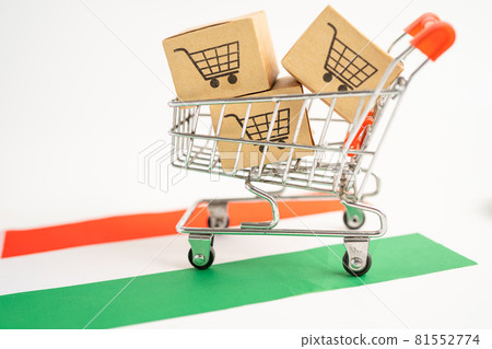 Box with shopping cart logo and Hungary flag, Import Export Shopping online or eCommerce finance delivery service store product shipping, trade, supplier concept. Box with shopping cart logo and Hungary flag, Import Export Shopping online or eCommerce finance delivery service store product shipping, trade, supplier concept. 81552774