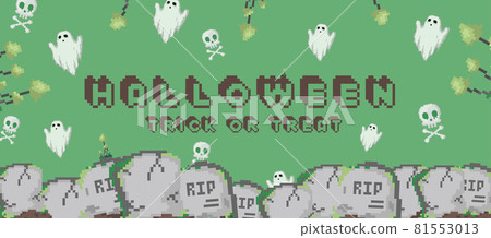 Trendy Green Happy Halloween banner or digital invitation background in retro 8 bit pixel art style. Modern vector art halloween background with ghosts, skulls, tombs and graves. Vector gamer design Trendy Green Happy Halloween banner or digital invitation background in retro 8 bit pixel art style. Modern vector art halloween background with ghosts, skulls, tombs and graves. Vector gamer design 81553013
